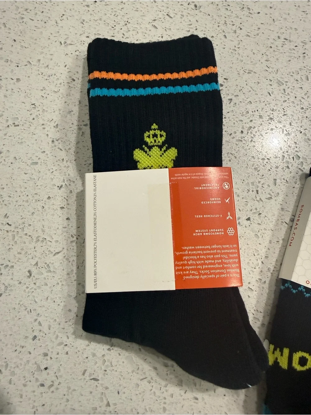 Bombas Black Crew Athletic Socks with Blue and Orange Stripes B2